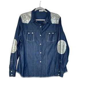 Tasha Polizzi Denim Western Sequin Pearl Snap Long Sleeve Top| XL